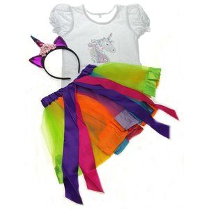 Childrens Costume Unicorn TShirt Tutu Rainbow Skirt Purple Headband Bling XL